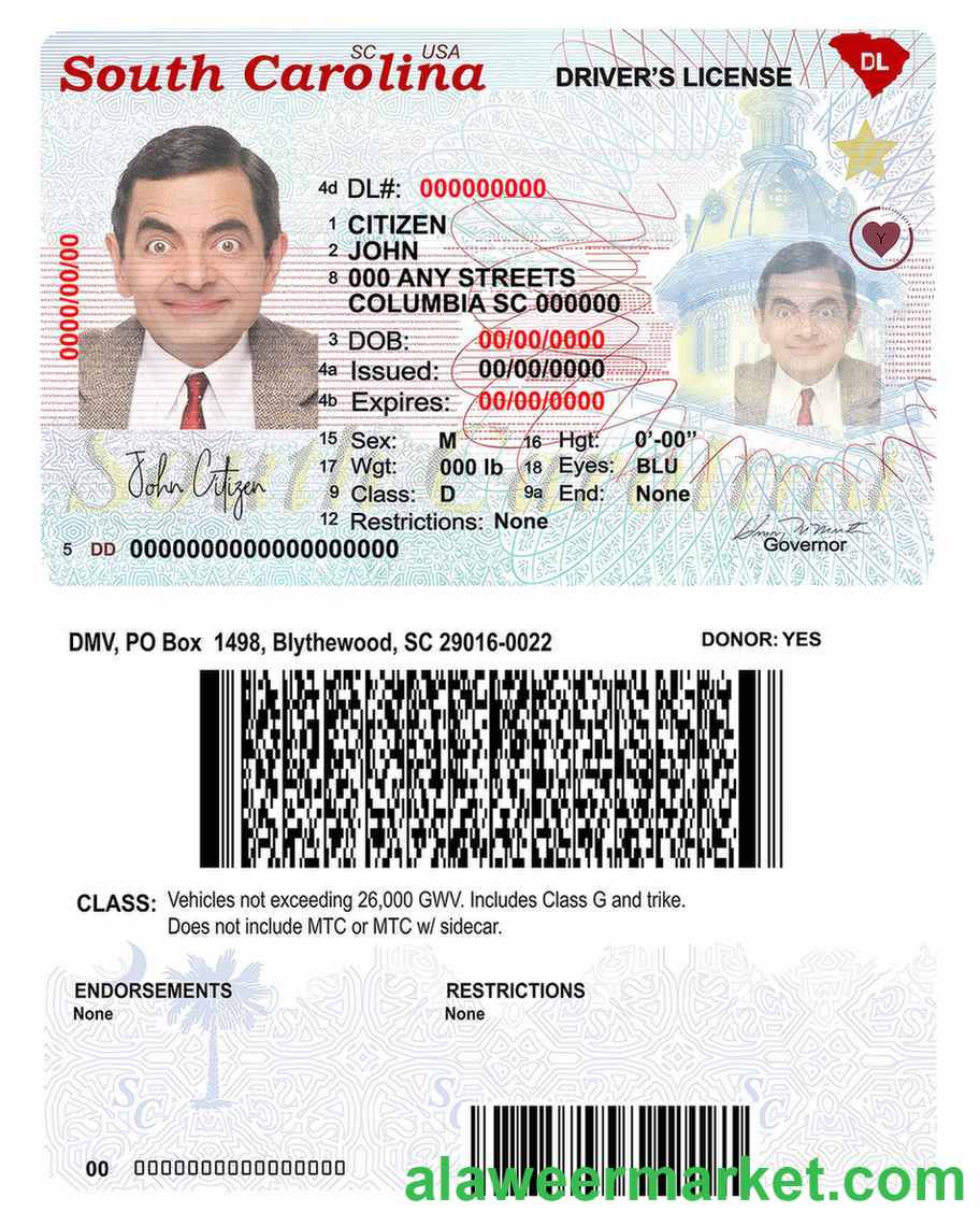 USA South Carolina state driving license template in PSD format (2020 - present)